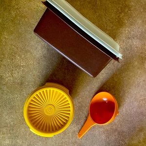 Tupperware lot: lidded yellow bowl, lidded brown box, orange funnel